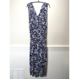 Kaileigh Navy Blue White Floral Wide Leg Jumpsuit Surplice V-Neck 2X Womens